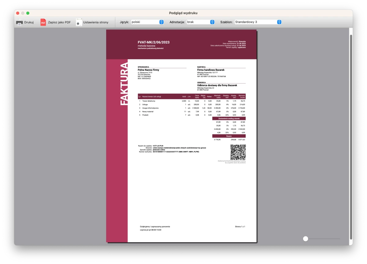 Program do faktur - Szablon faktury