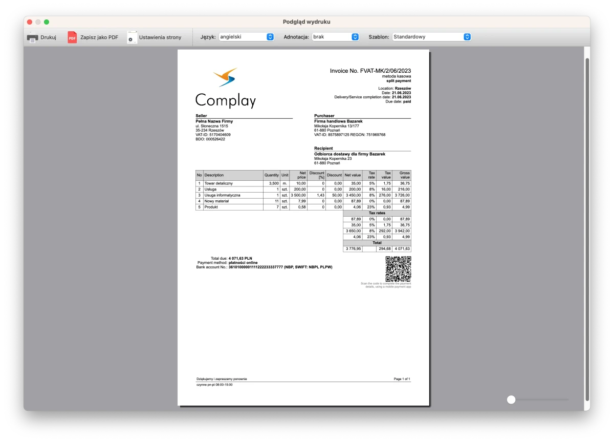 Program do faktur - Wydruk faktury