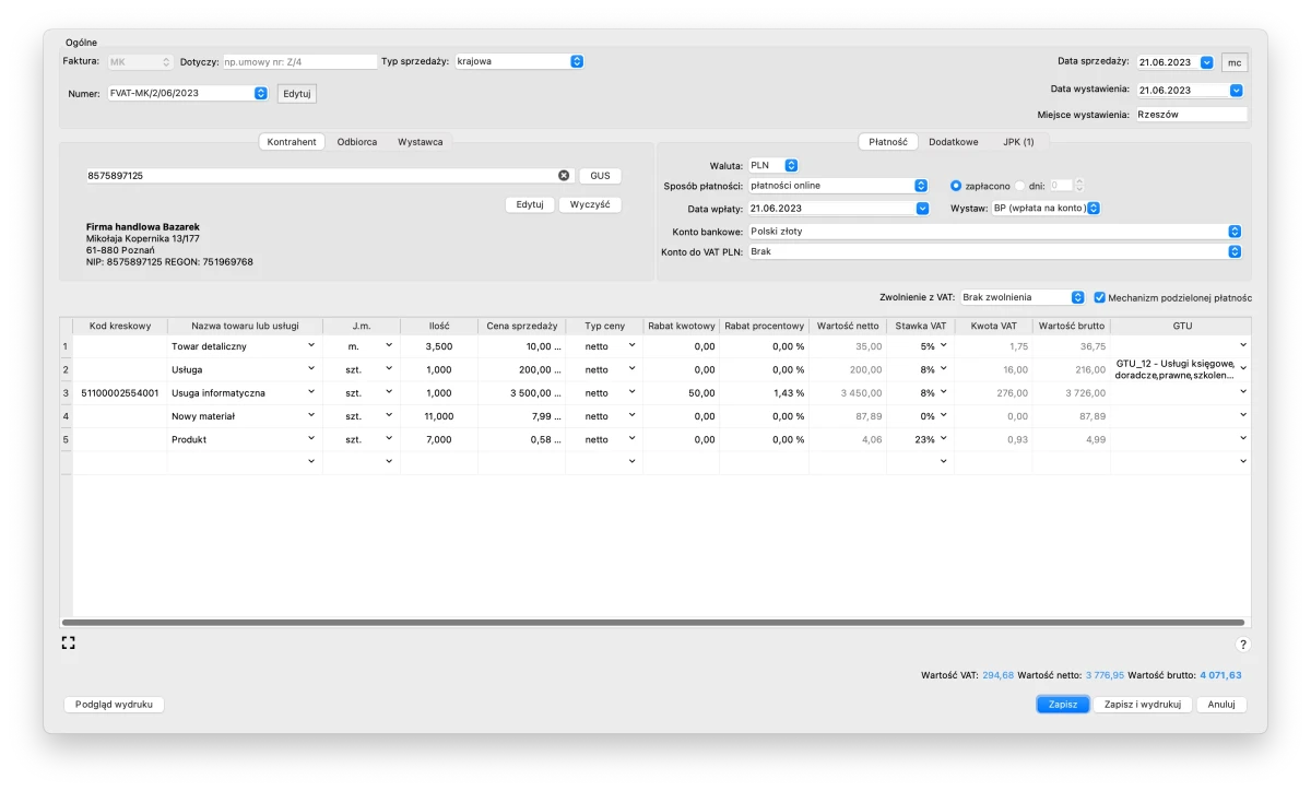 Program do faktur - Nowa faktura
