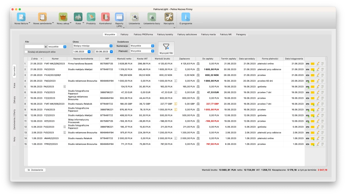 Program do faktur - Okno główne