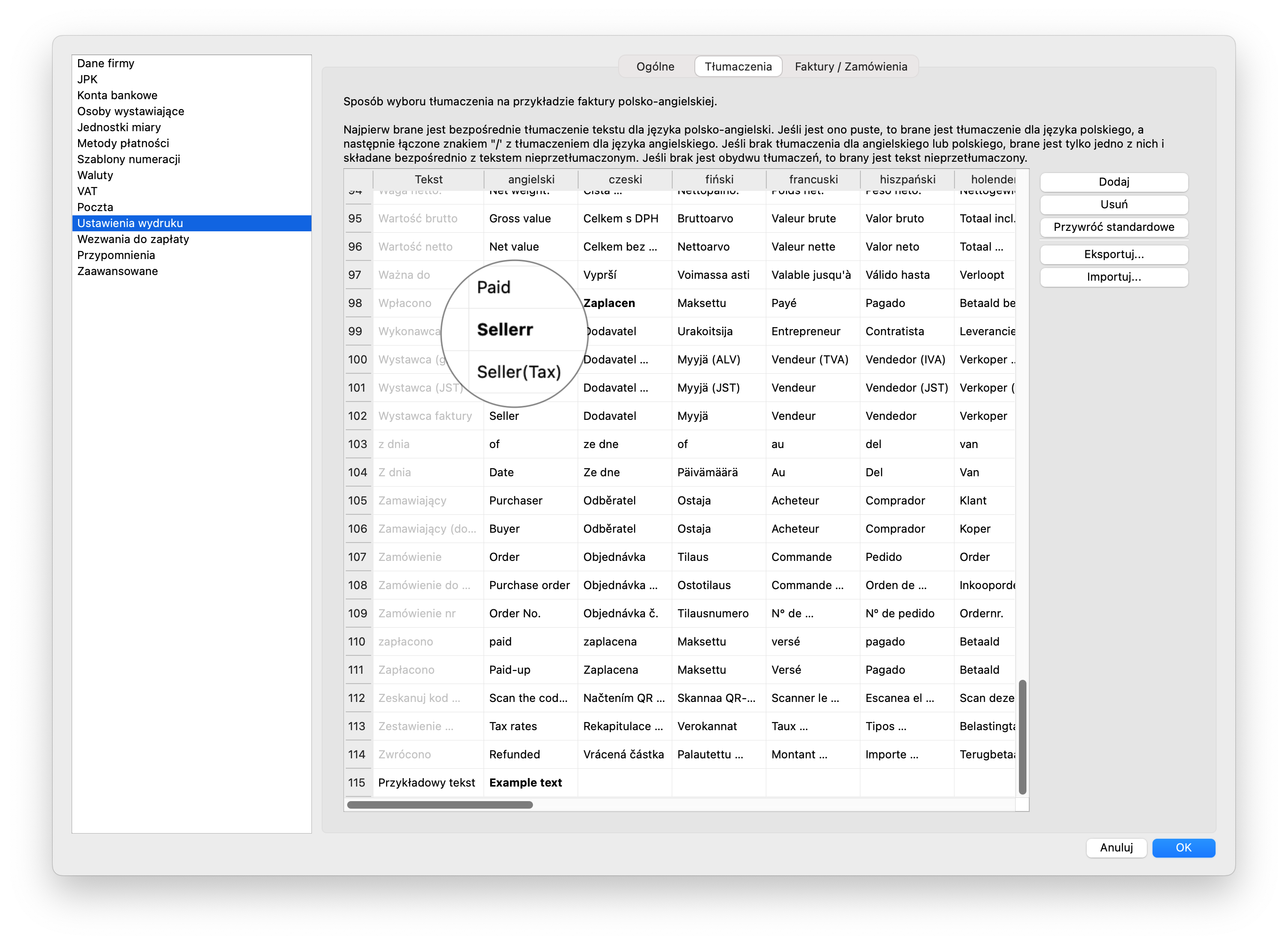 Import wyrażeń do faktury w języku obcym