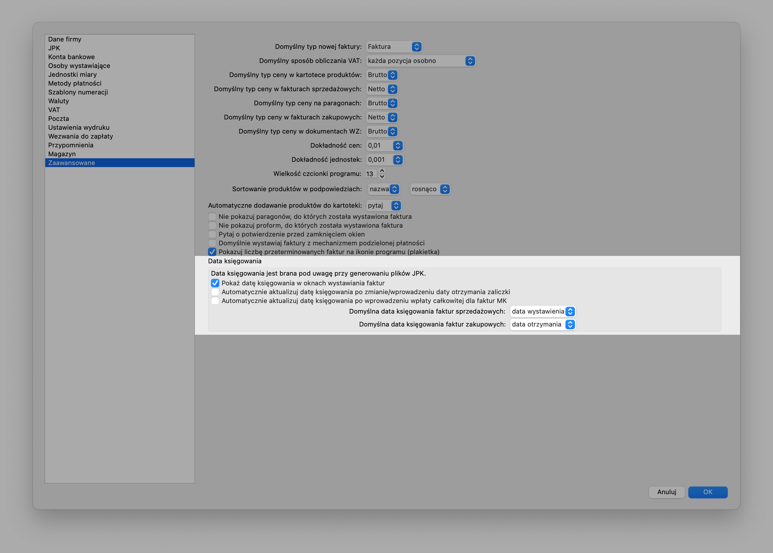 Domyślna data księgowania