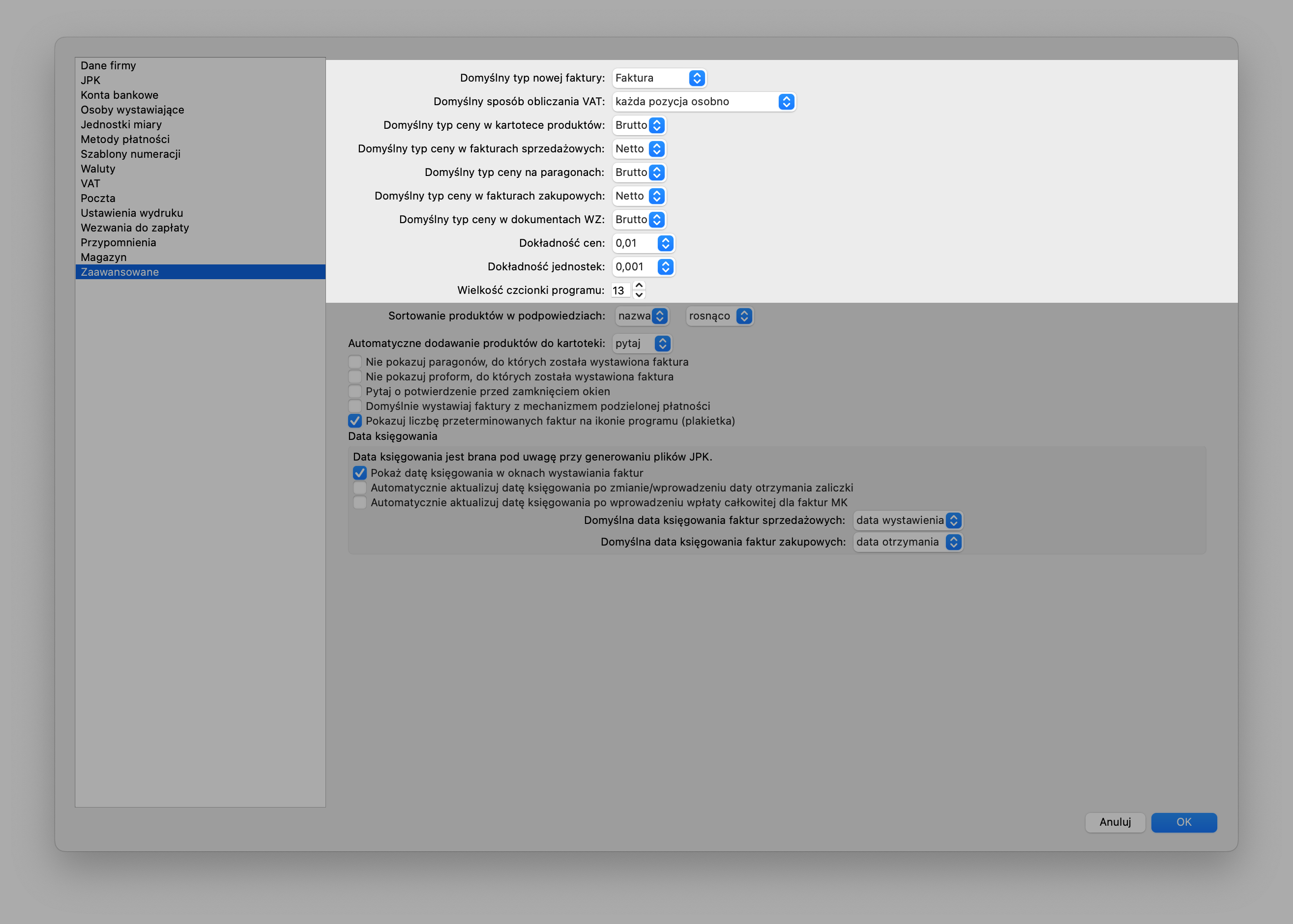 Domyślne ustawienia programu do faktur