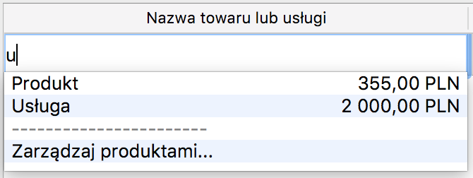 Dodawanie pozycji faktury - wyszukiwanie