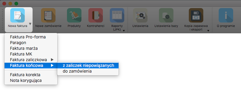 Faktura końcowa niepowiązana - menu