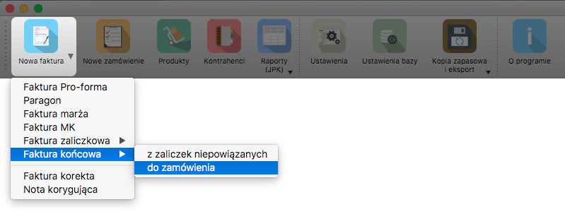 Faktura końcowa do zamówienia - opcja nowa faktura