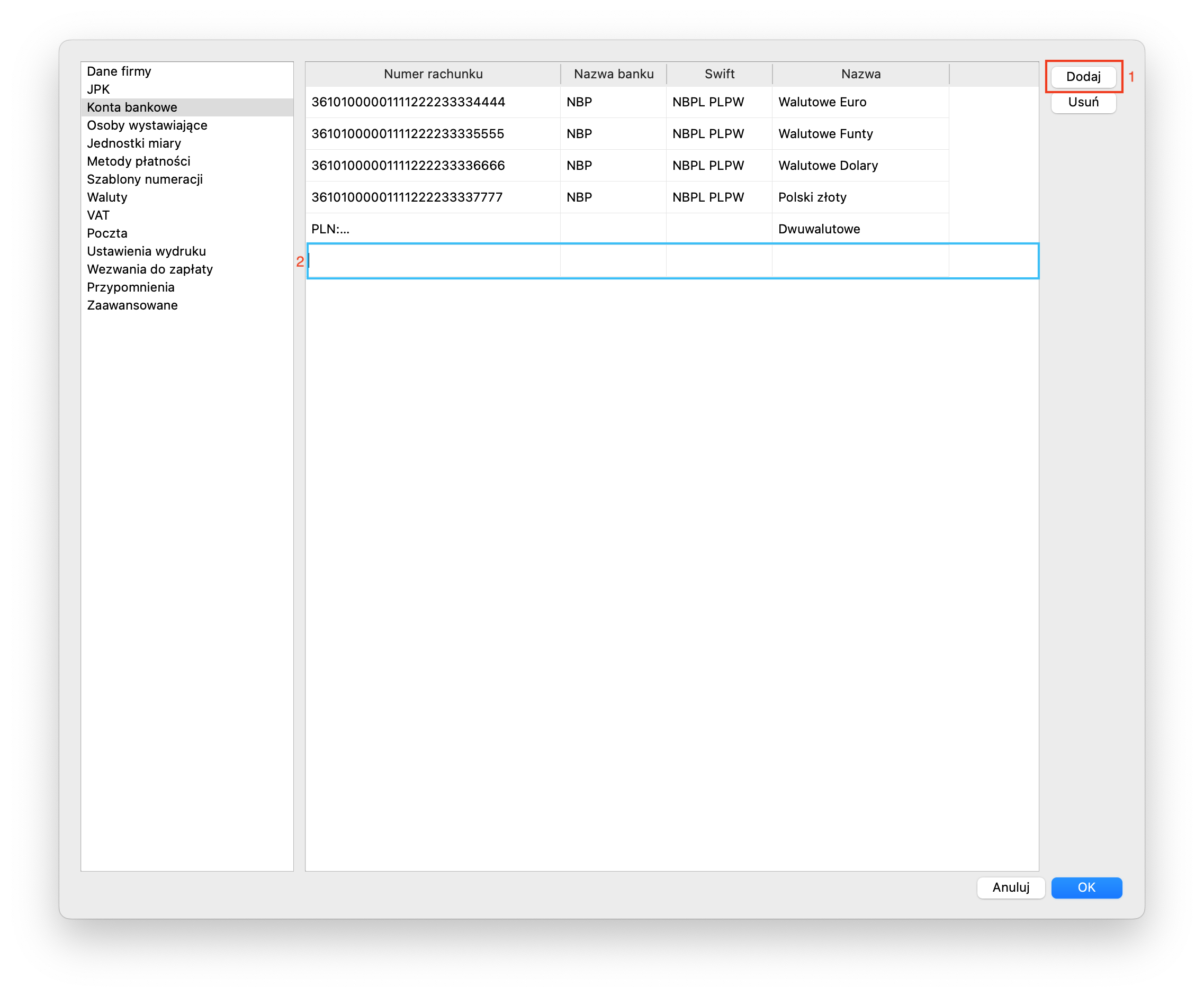 Dodawanie kont bankowych