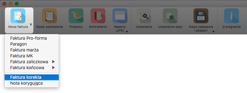 Faktura korekta - menu
