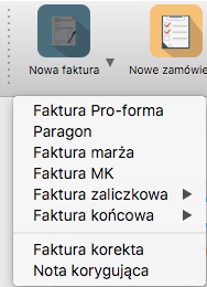 Menu nowa faktura