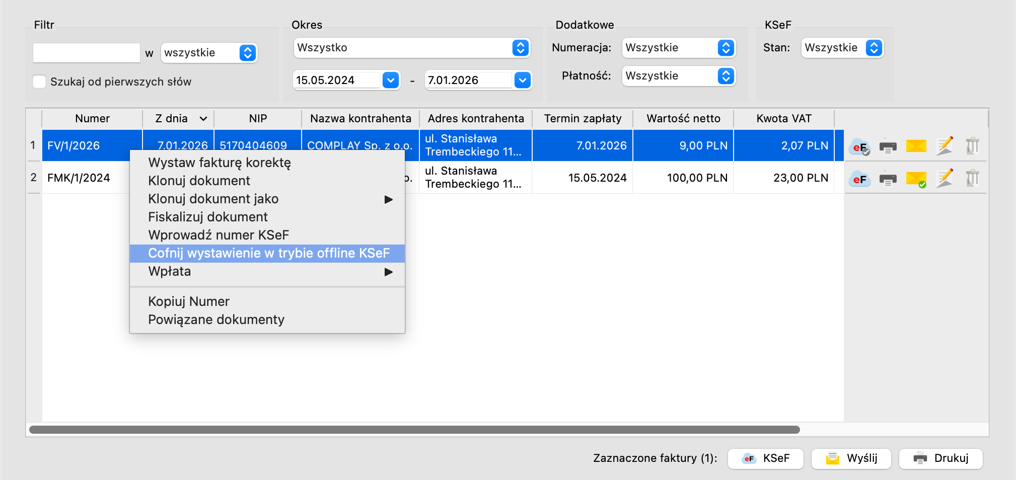 Cofanie wystawienia offline