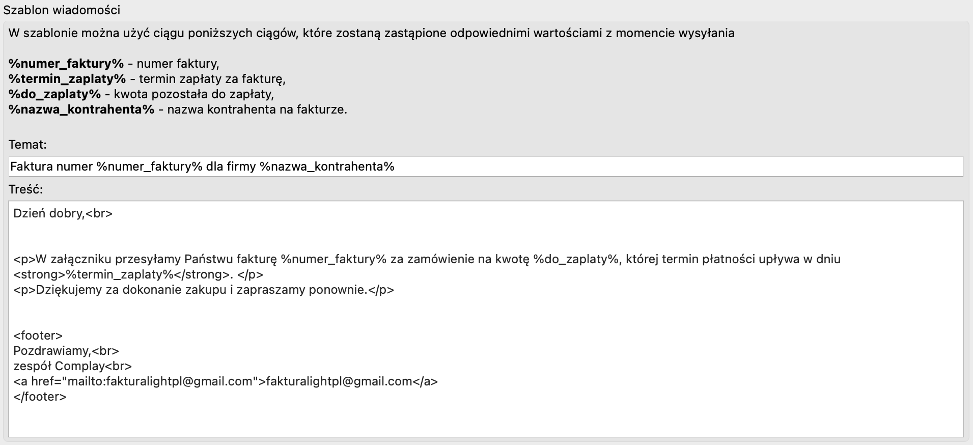 Szablon wiadomości w formacie html