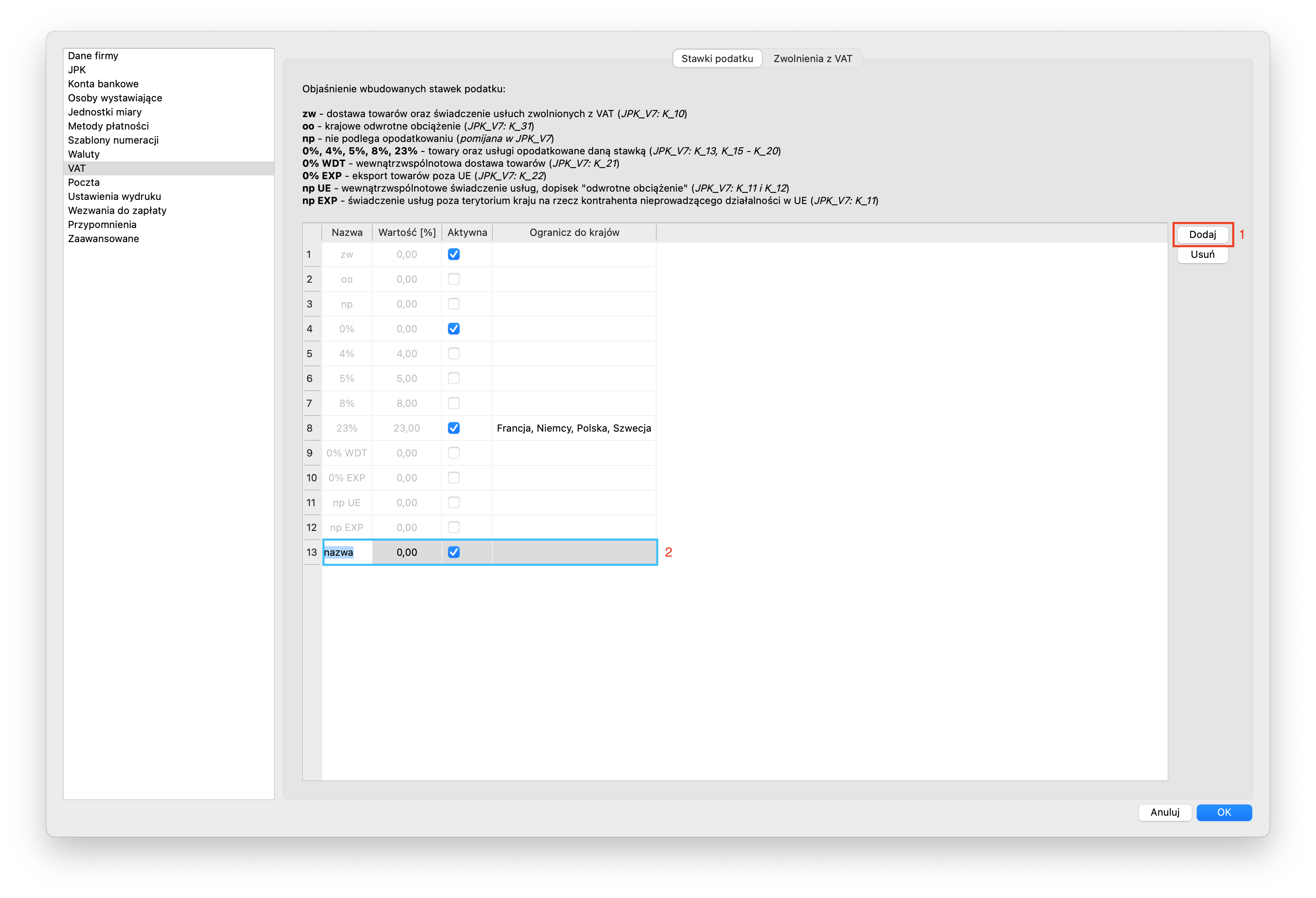 Dodawanie stawki podatku VAT