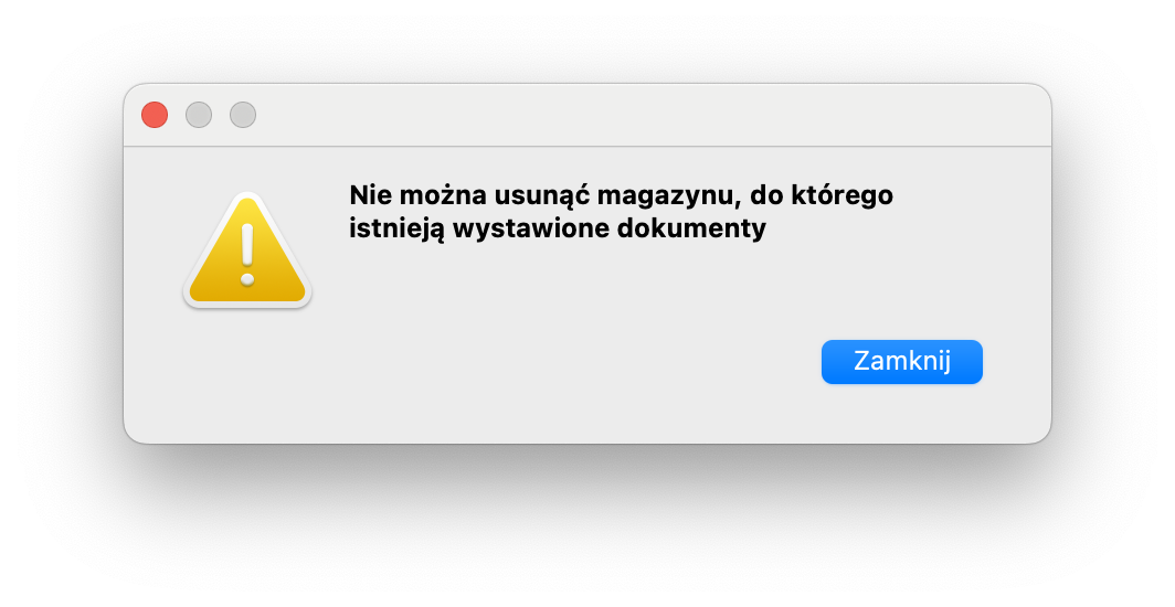 Usuwanie magazynu z wystawionymi dokumentami magazynowymi