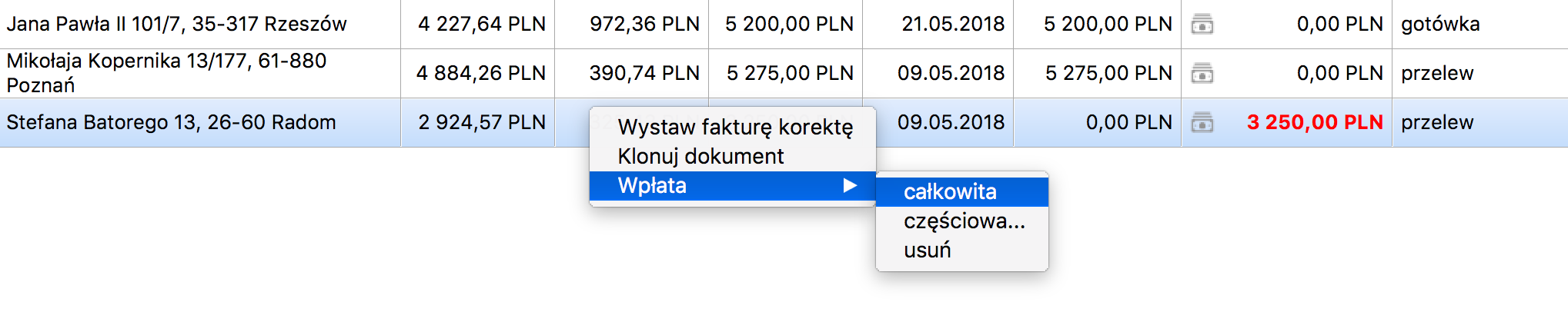 Wprowadzanie wpłaty poprzez menu kontekstowe