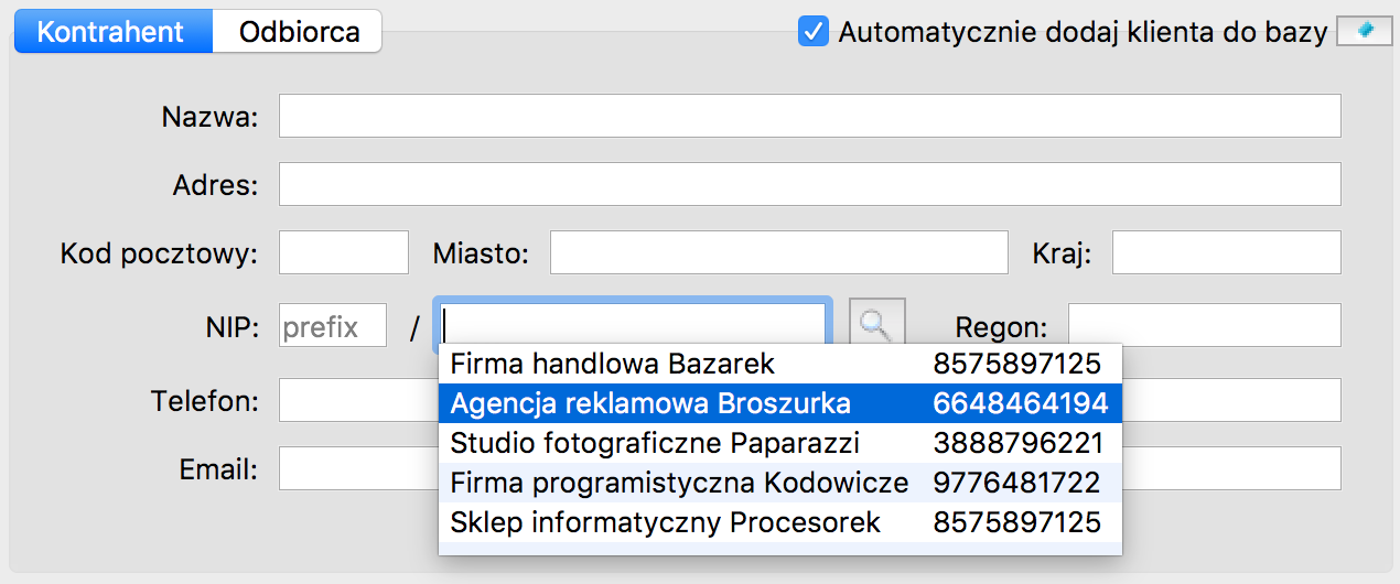 Wybór kontrahenta z bazy